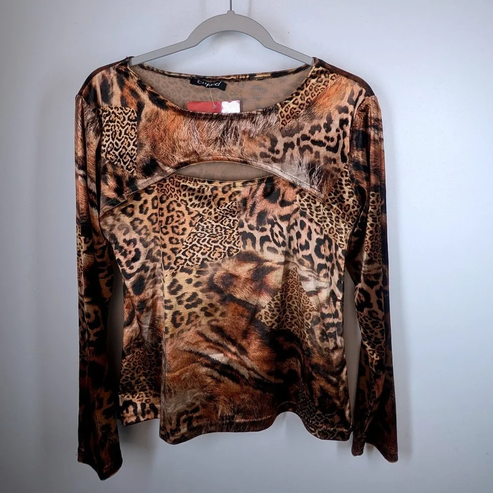 Cupid Vintage Y2K Leopard Print Cutout‎ Long Sleeve Top NWT Brown Animal Print